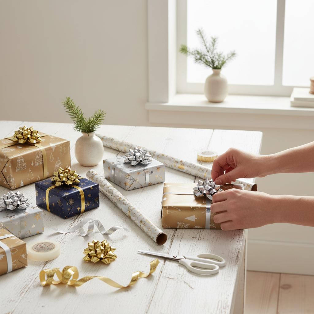 4-pk Gavepapirsett gull, blå, sølv
