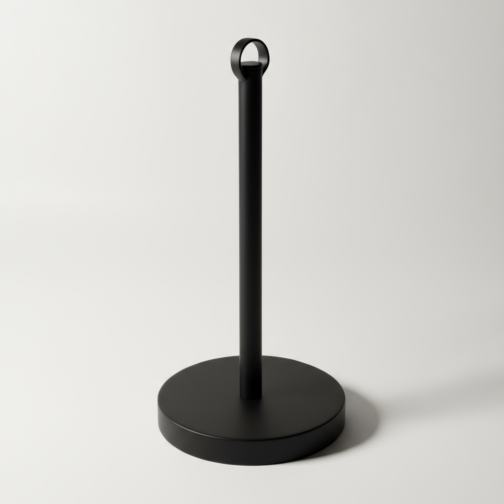 Praktisk metallholder i sort farge brukt til tørkerull på kjøkken