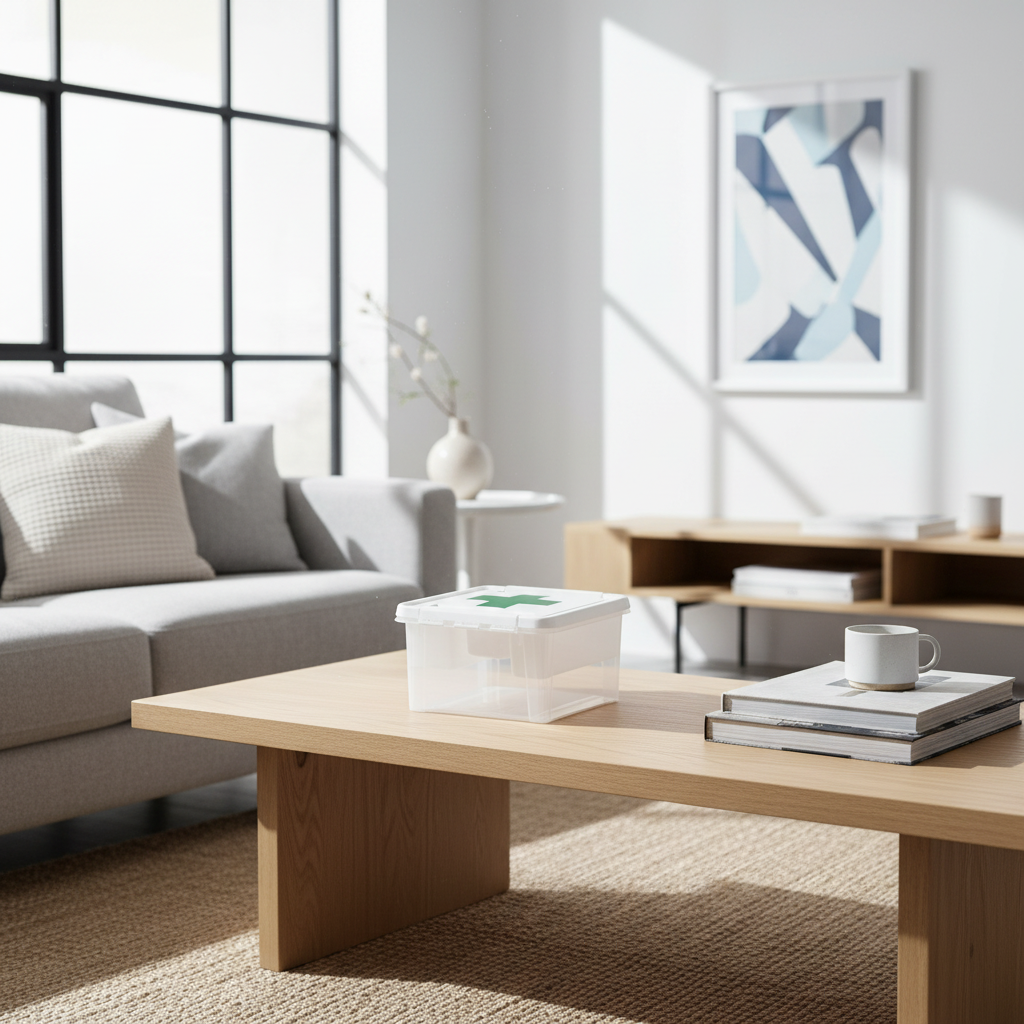 Transparent førstehjelpsboks med lokk og sorteringsinnsats