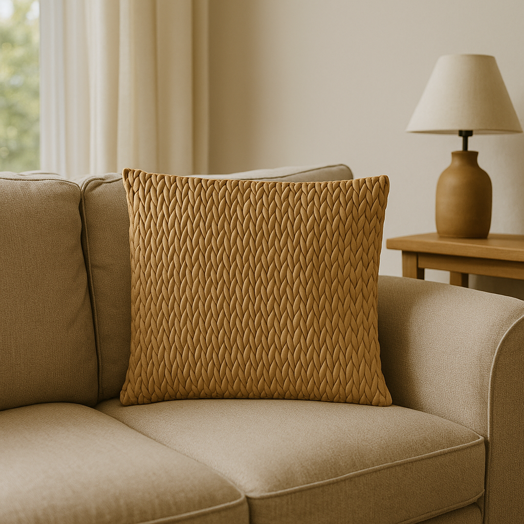 Solgult putetrekk i velur 45x45 cm som frisk fargeklatt.