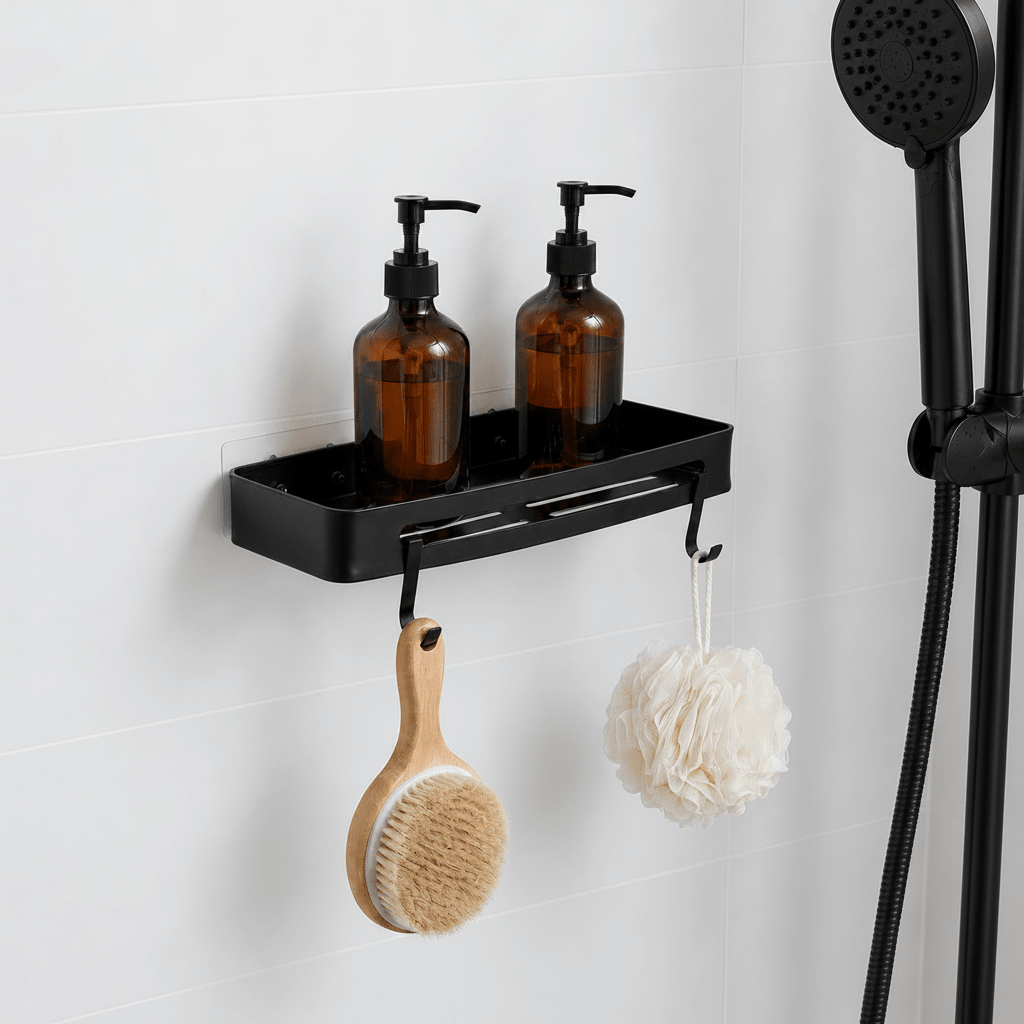 Svart dusjhylle med sugslappar monterad på vita flisor i dusjen, med såppflaskor, kroppsbørste och duschsvamp på krokarna.