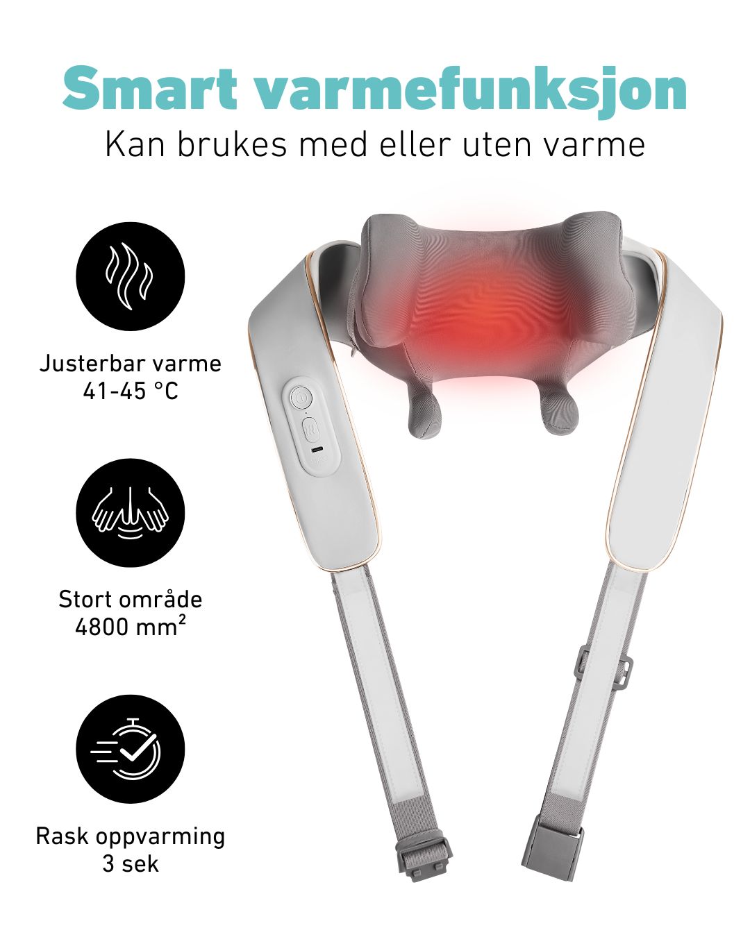SKG H5 massasjeapparat med justerbar varme (41–45 °C), stort varmeområde og lynrask oppvarming på 3 sek – kan brukes med eller uten varme.
