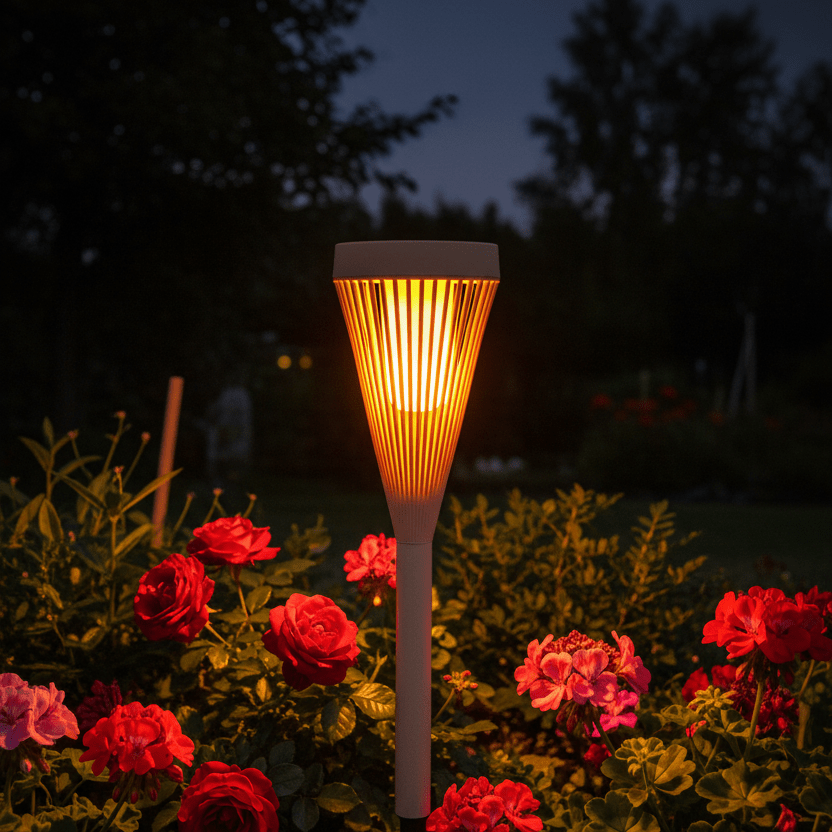 Solflammljus bland rosor på natten