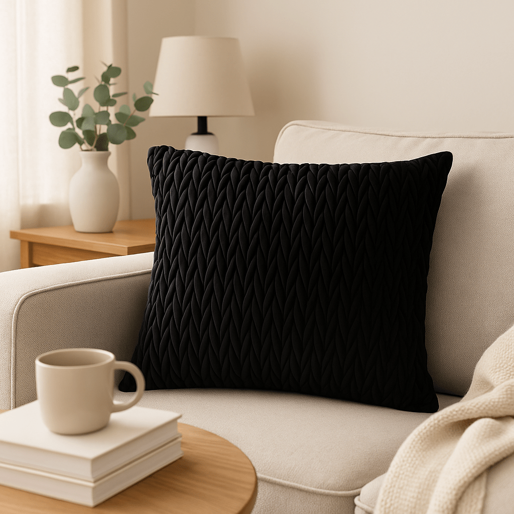 Putetrekk flettet velur sort 45 x 45 cm - Lindas Dekor
