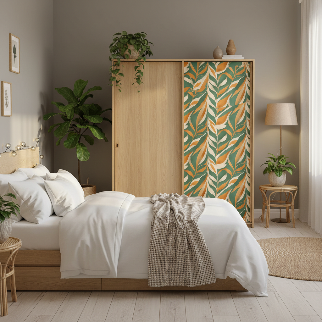 Soverom med boho leaves på kommode