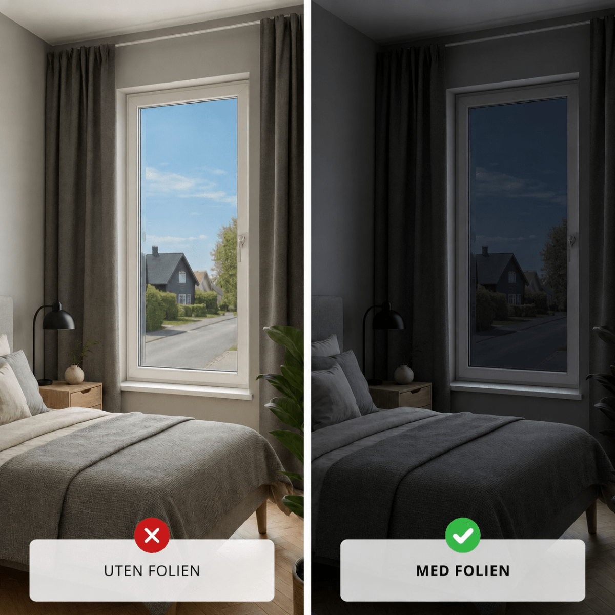 Før og etter montert folie på soverom