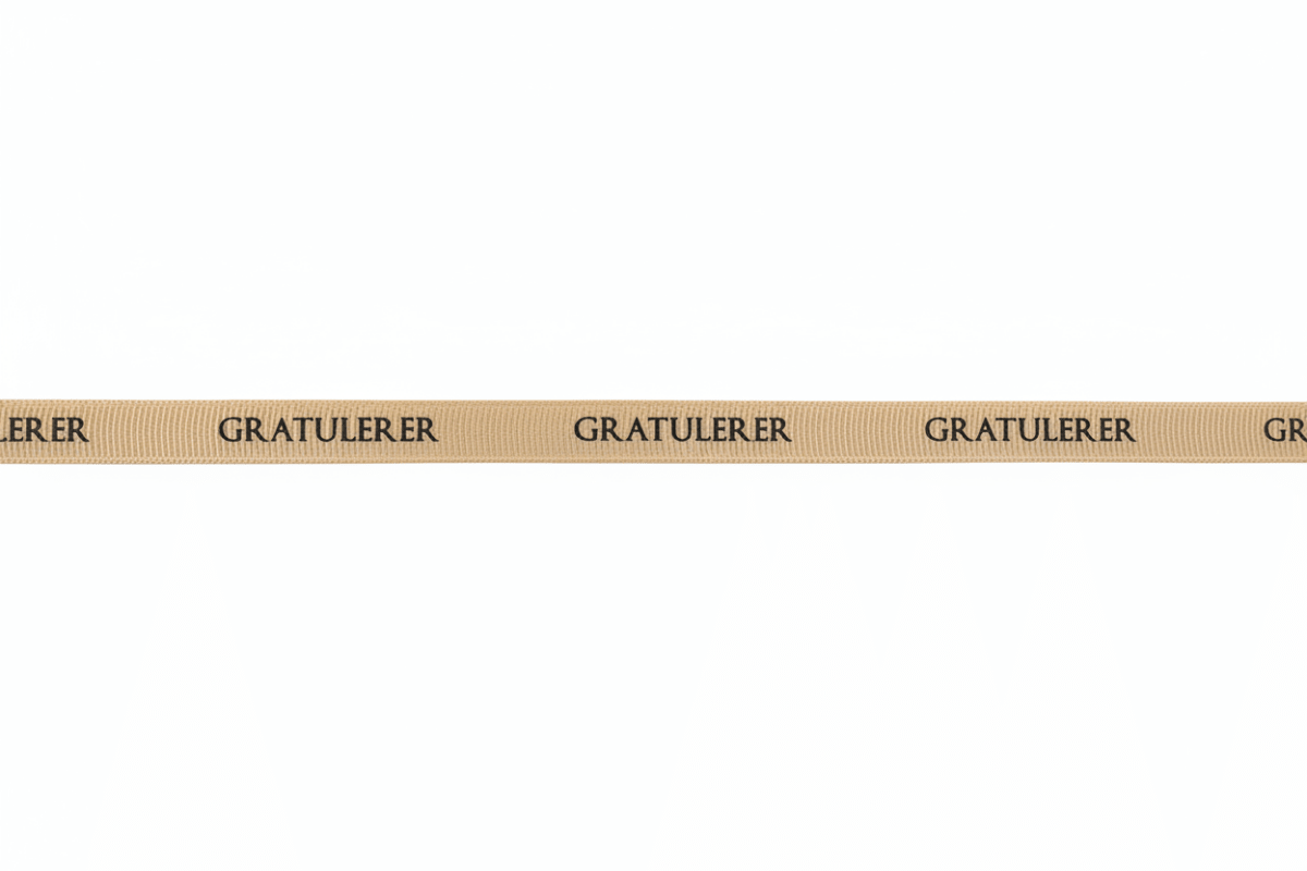 Beige gavebånd med repeterende sort «Gratulerer»-tekst vist i full bredde på hvit bakgrunn. - Lindas dekor