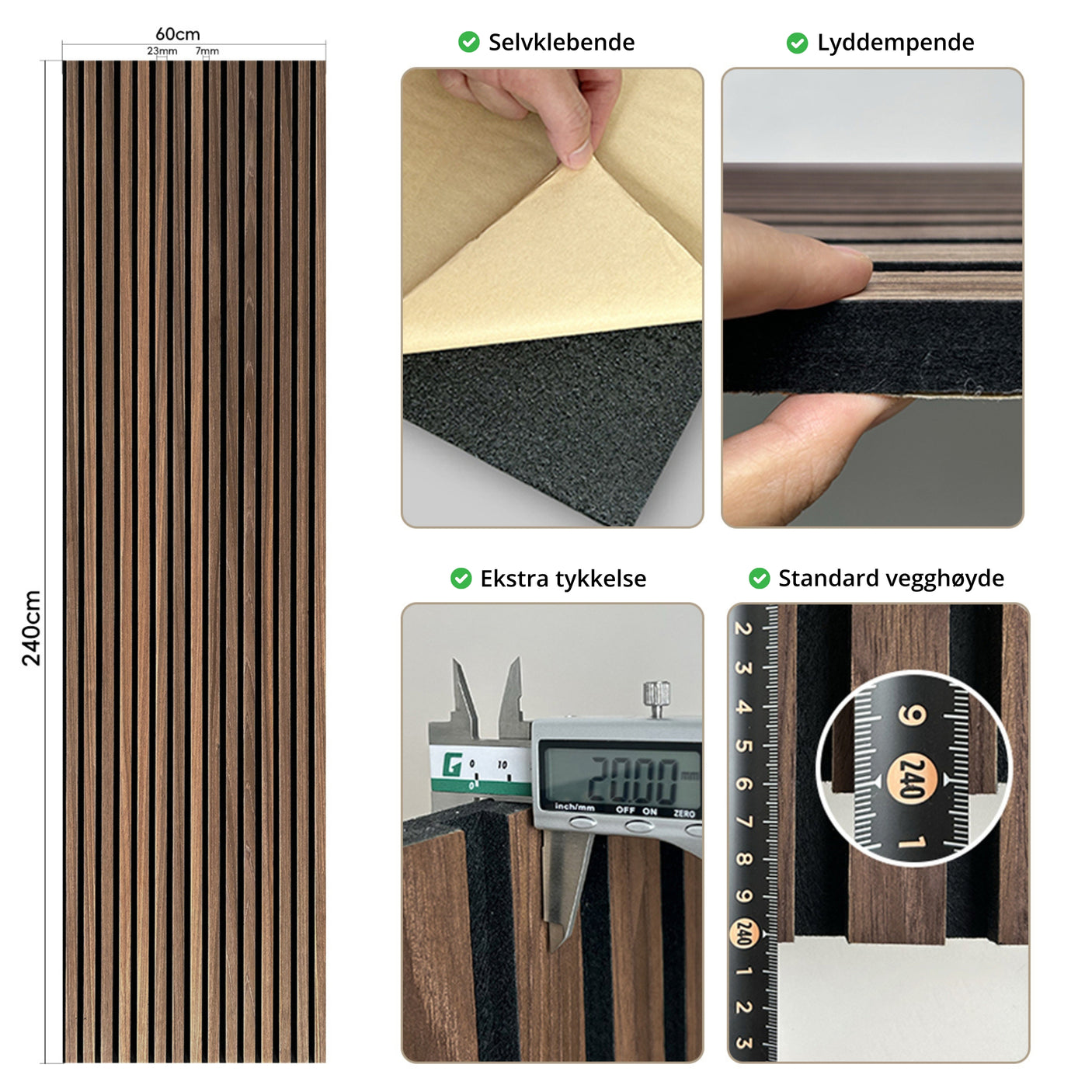 Tekniske detaljer for selvklebende spileplater i klassisk valnøtt 60x240 cm – lydabsorberende akustikkplater med ekstra tykkelse og standard vegghøyde