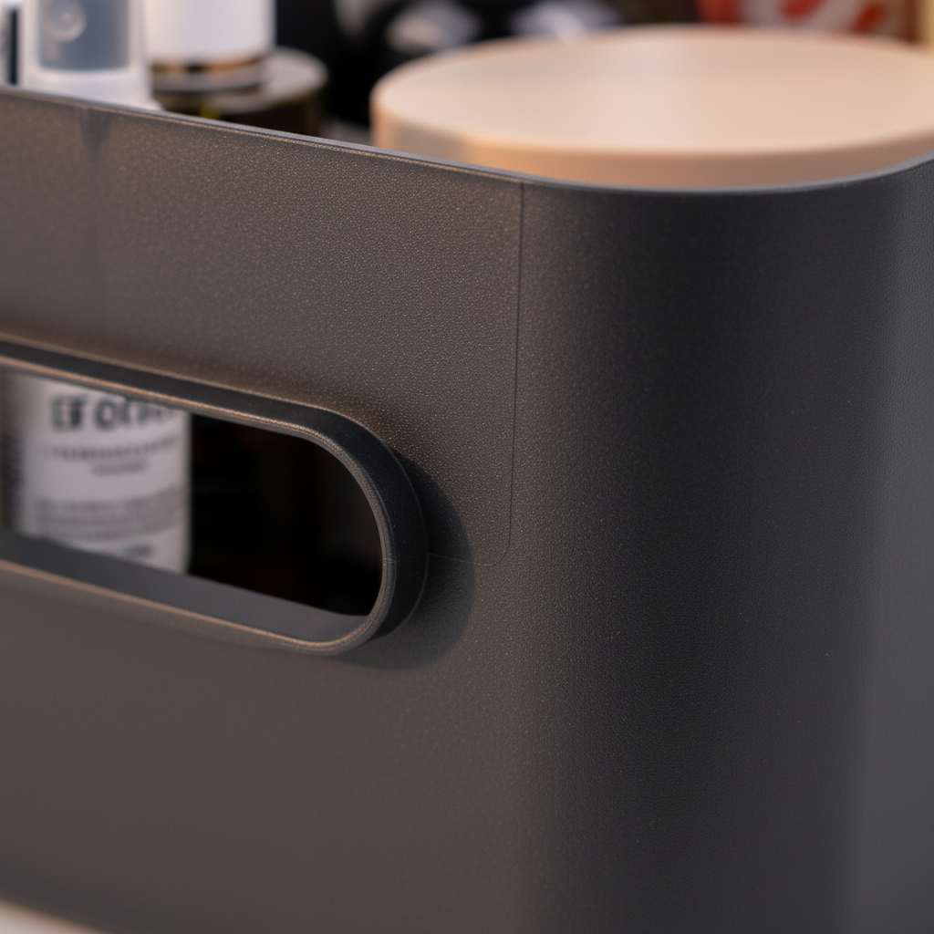 Sort oppbevaringsboks med håndtak til skap og hyller