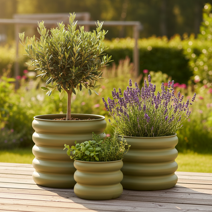 Three planters on terrace