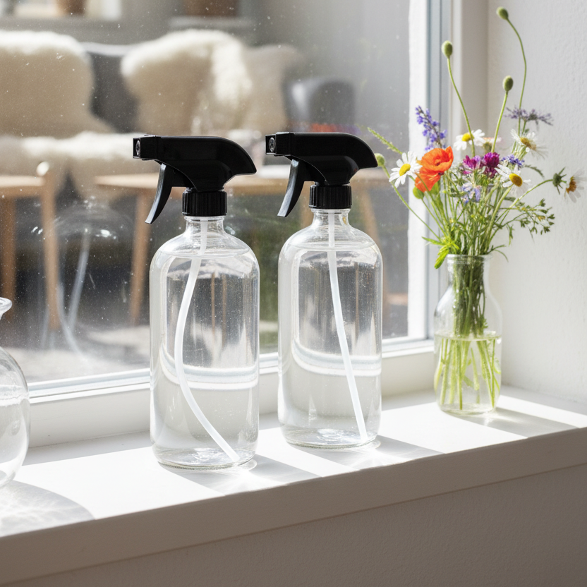 Sprayflaske i klart glass til vaskerom og kjøkken