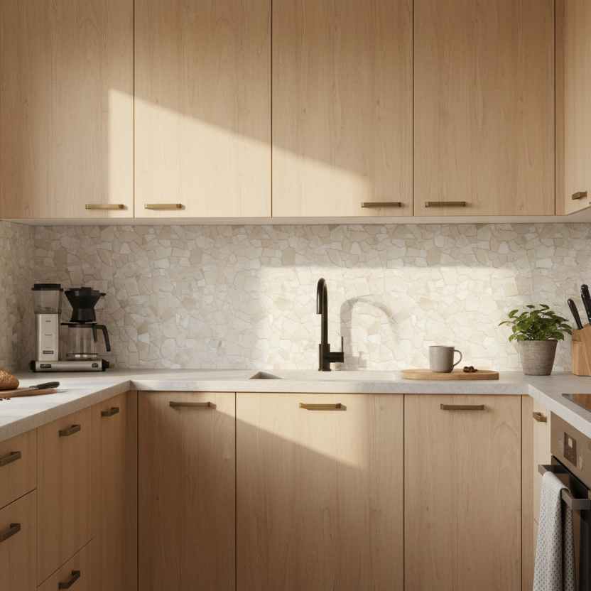 Naturstein inspirerte selvklebende fliser i beige og sandfargede toner