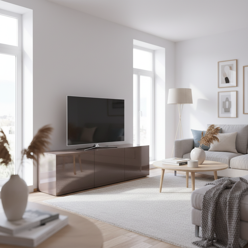 Uni lack taupe kontaktplast på TV-benk i nordisk stue