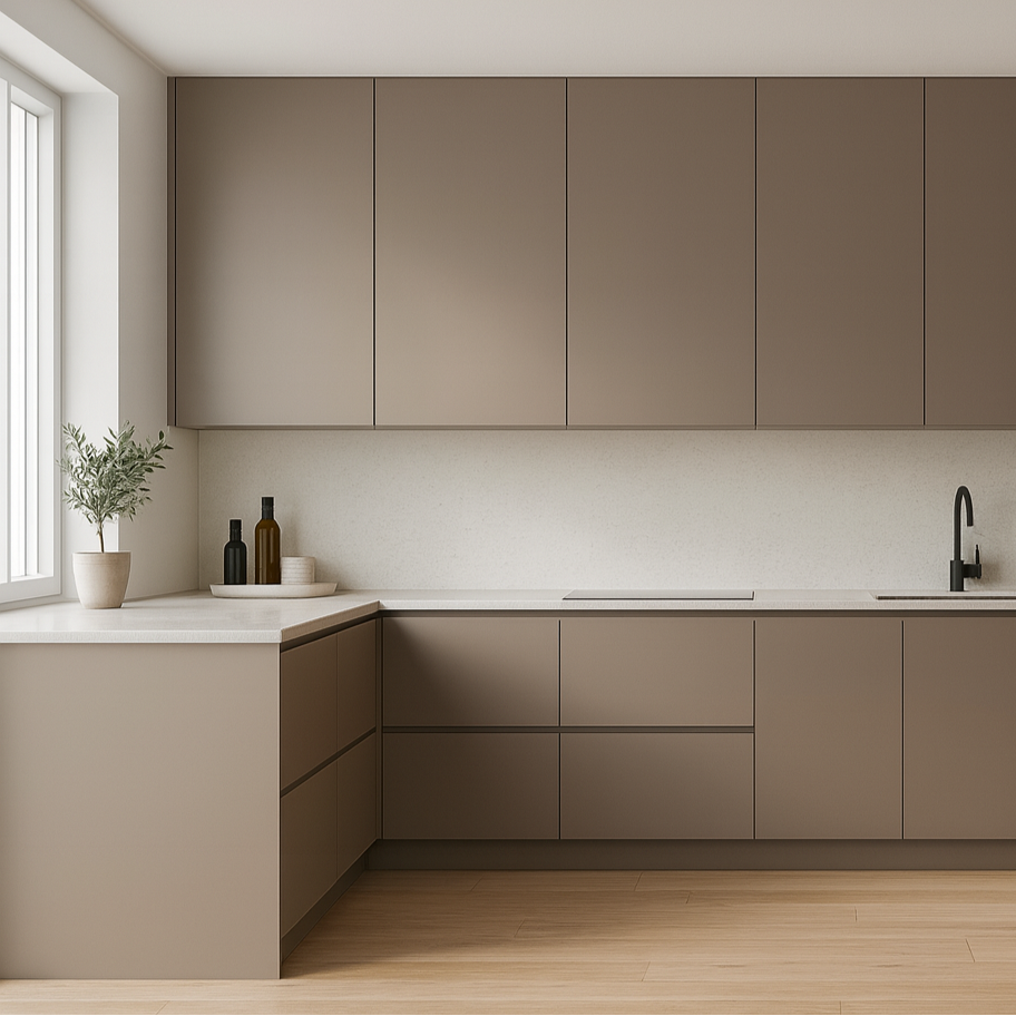 Moderne skandinavisk kjøkken med kjøkkenskap foliert i Uni matt lys brun – rimelig kjøkkenfornyelse og oppgradering av skapfronter.