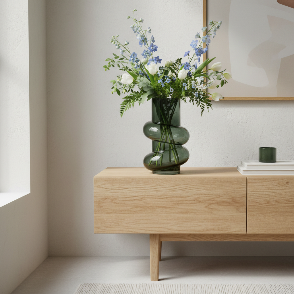 Vase flaskegrønn glass stabelbar på hylle med blomster nordisk interiør