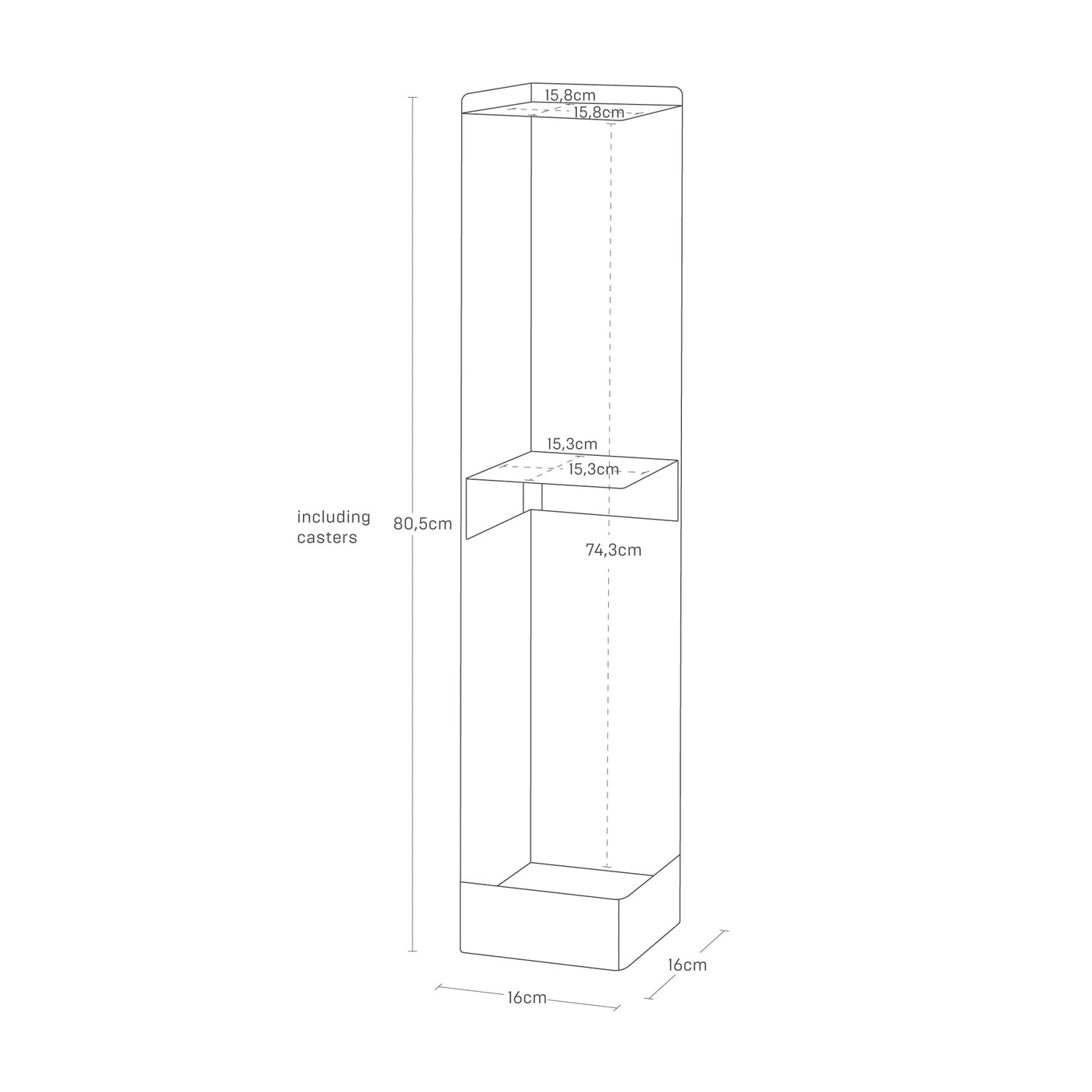 Svart holder til toalettruller og rengjøringsartikler ved toalett