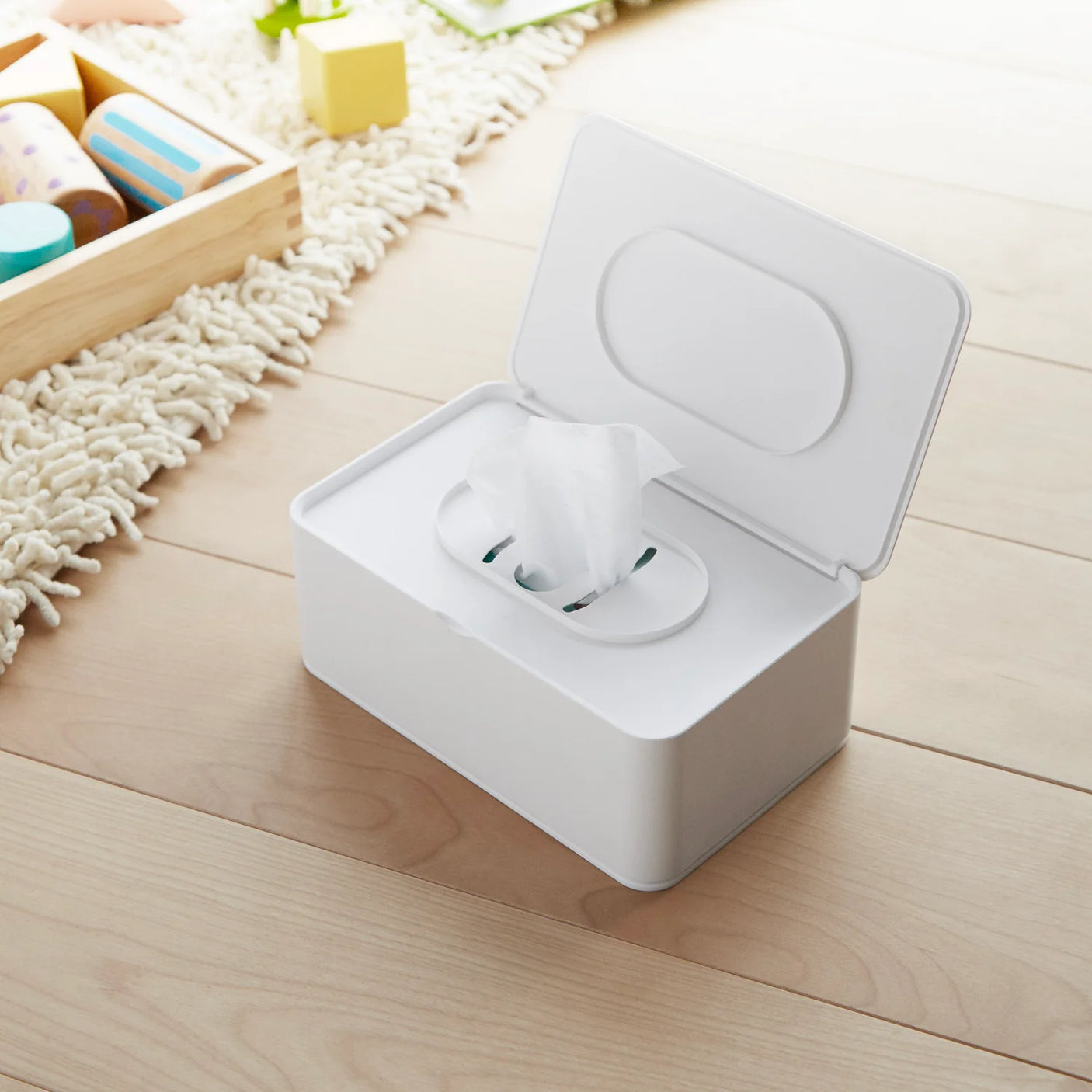 Praktisk boks til våtservietter og baby wipes med tett lokk