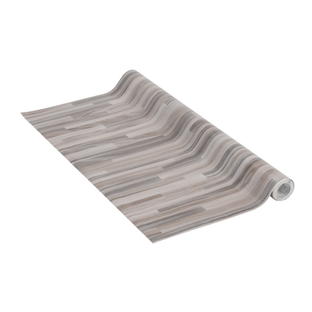 Rull med kontaktplast i gråbrun trelook, vist delvis utrullet på hvit bakgrunn.