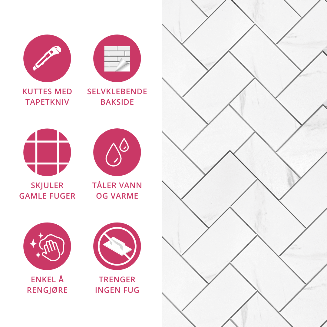 Veggfliser med fiskebeinsdesign skaper et tidløst og elegant uttrykk.