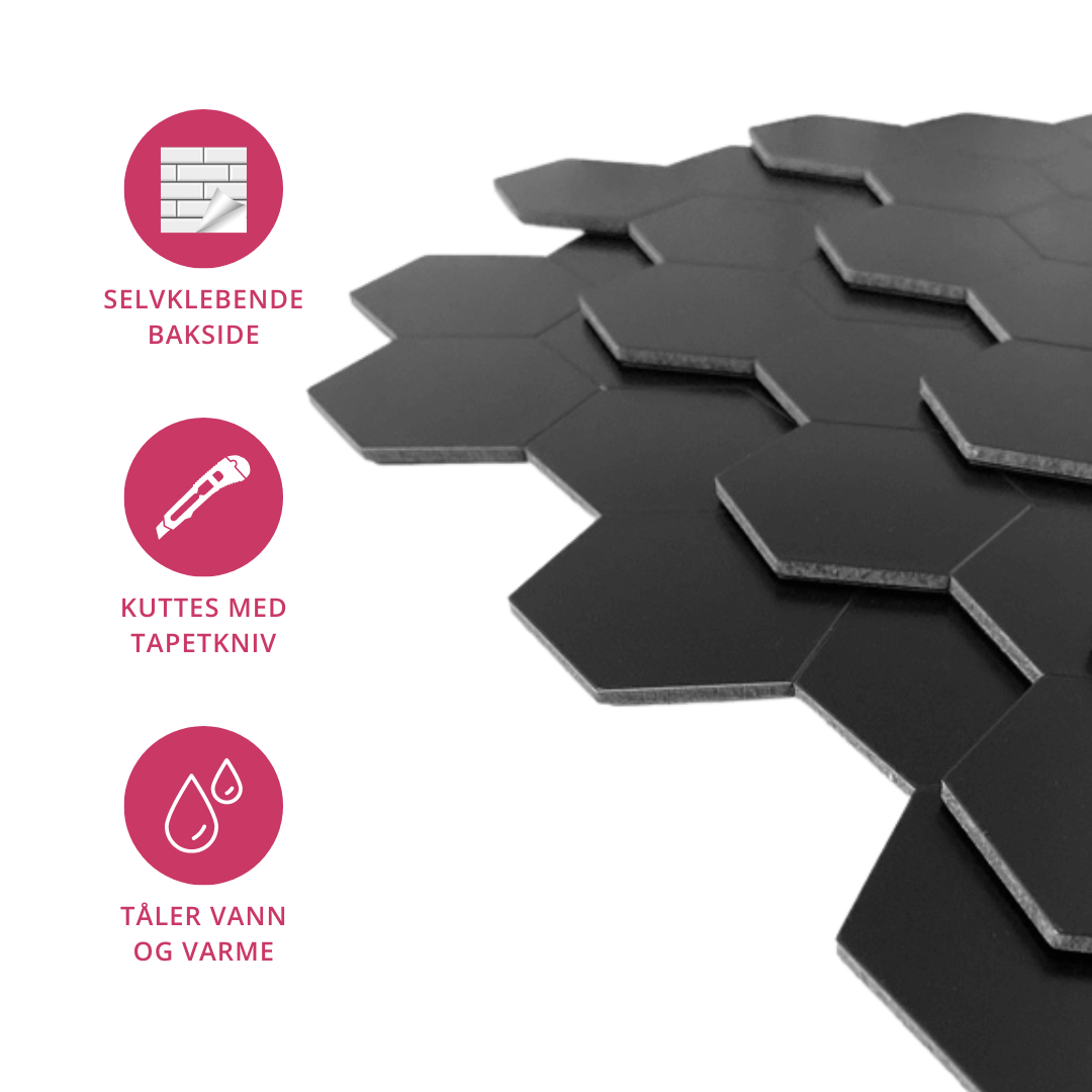 Moderne kjøkken med sorte matt hexagonfliser over benk og vask.