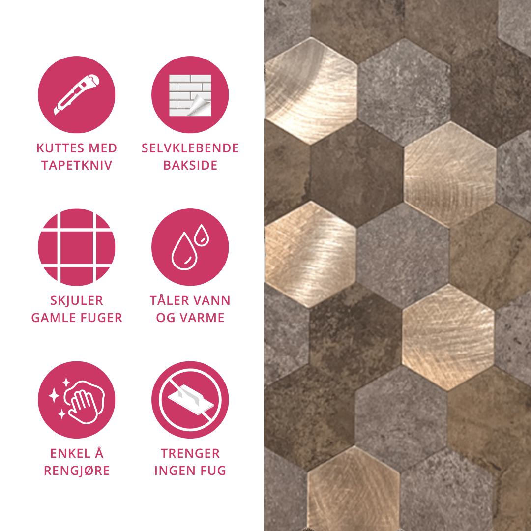 Mocca hexagon fliser klare til enkel montering uten lim eller fug.