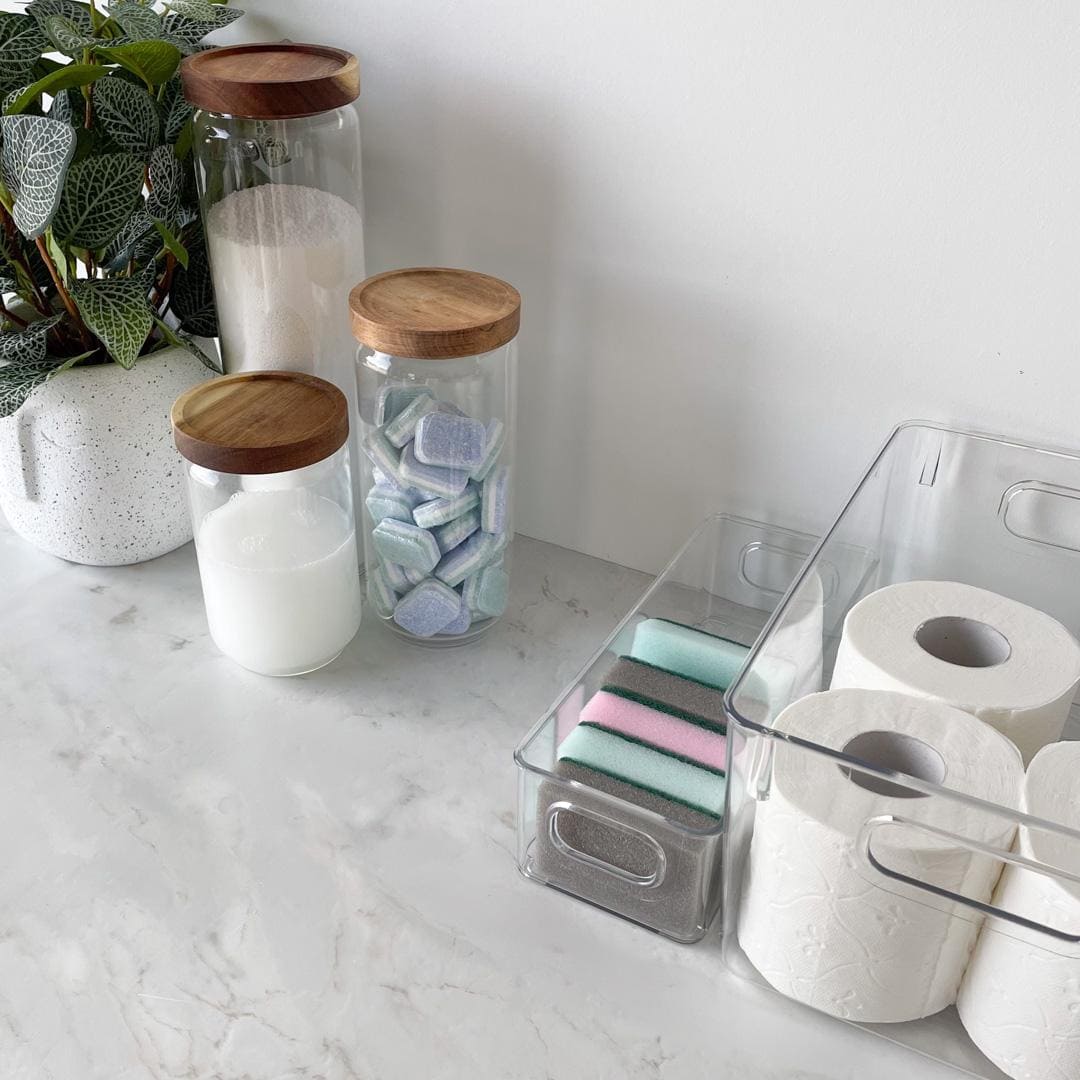 Transparent oppbevaringsboks til baderom – organizer for sminke og hygieneprodukter