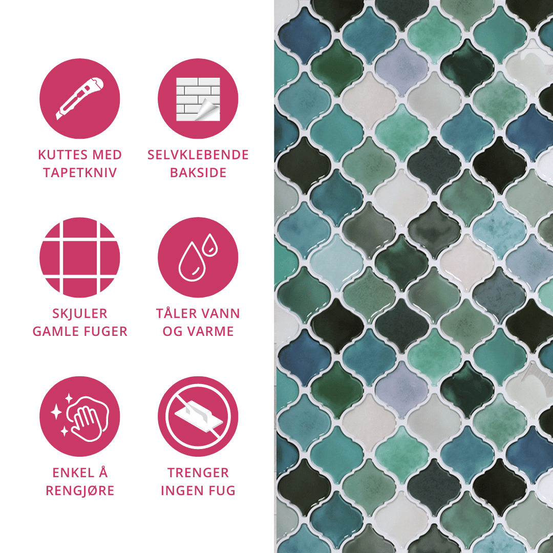 Selvklebende blå/grønne lanterne veggfliser gir moderne og frisk stil.