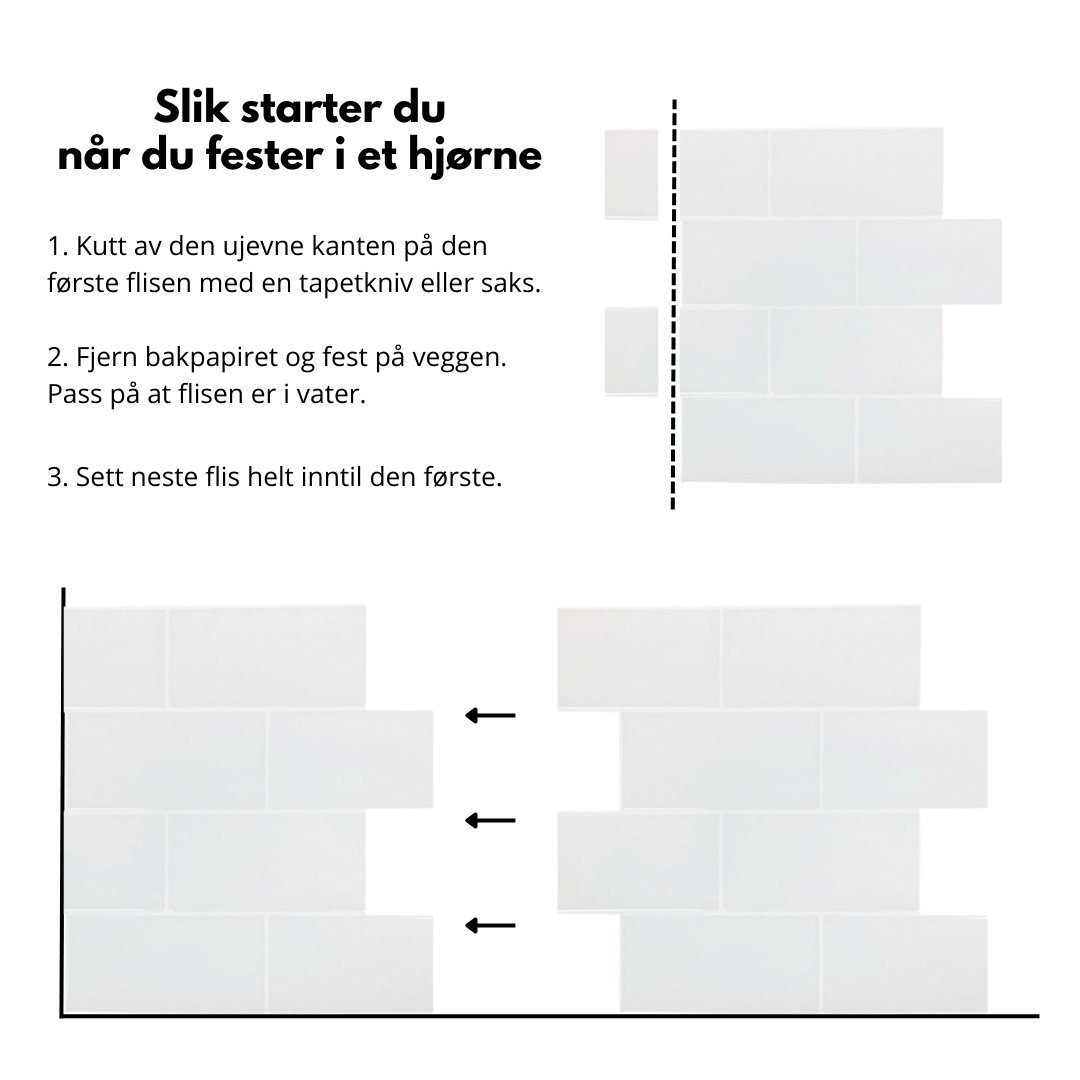 Produktinformasjon og mål på Subway hvite selvklebende fliser.