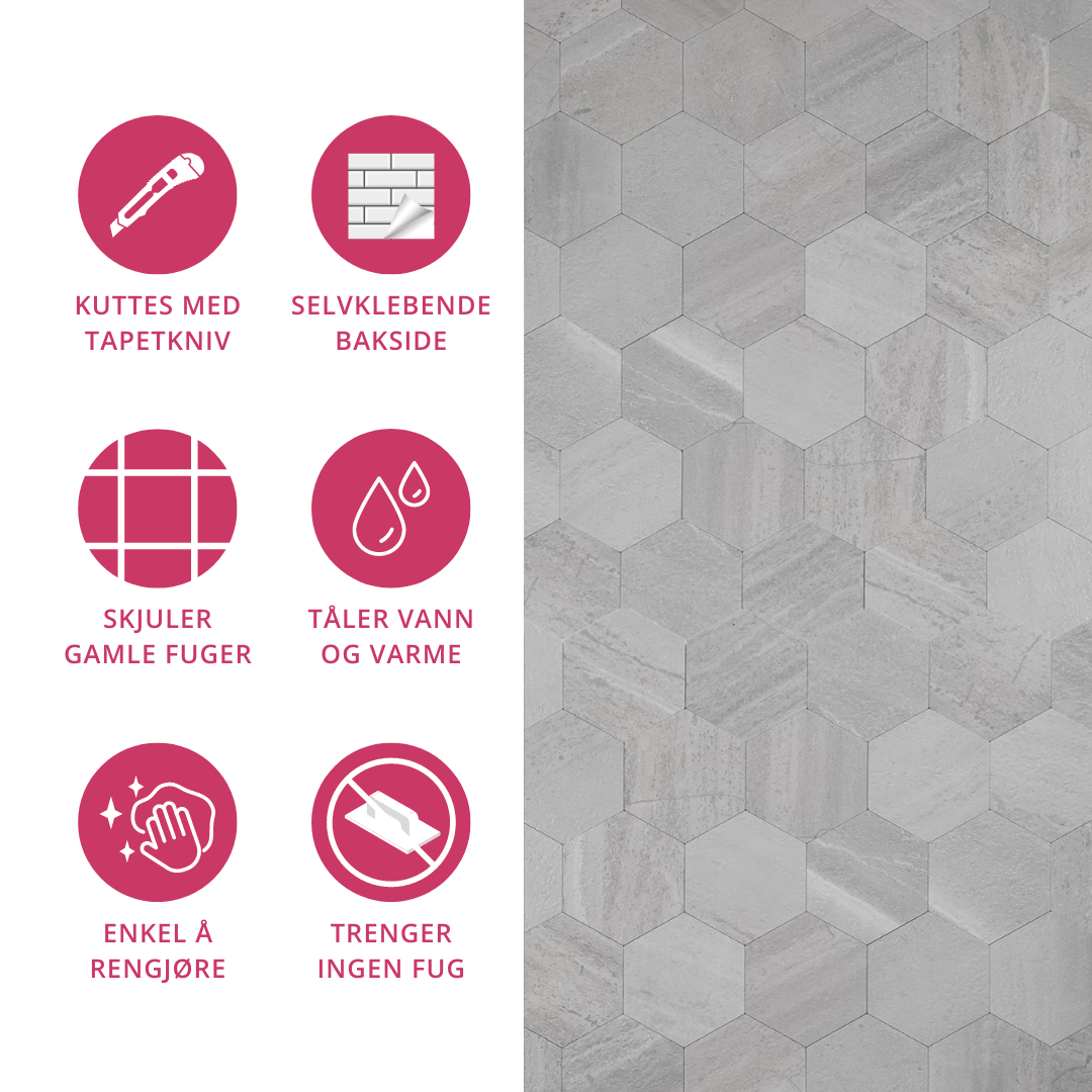 10-pk Hexagon lysegrå betong selvklebende veggfliser