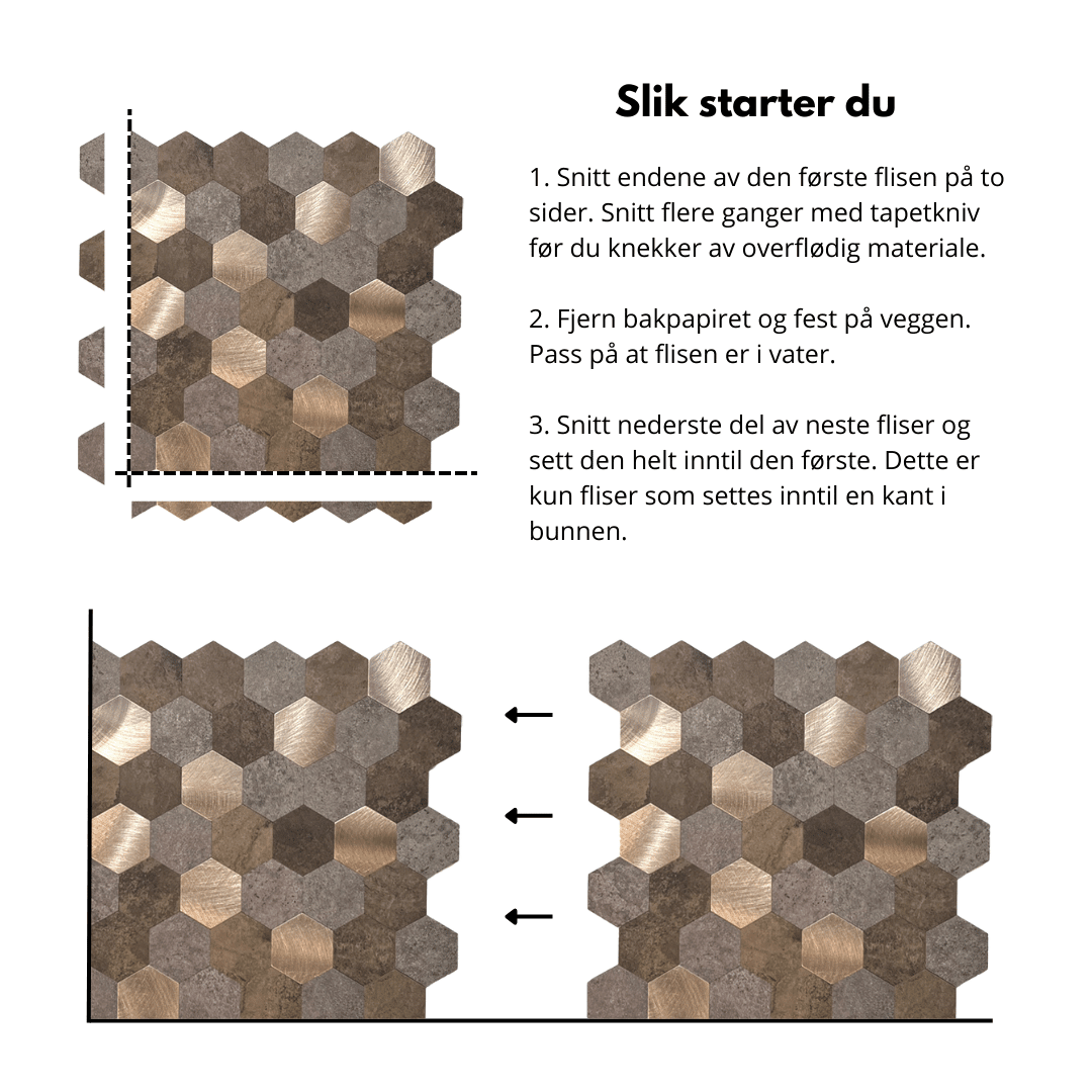 Sekskantede fliser med både matt og blank overflate.