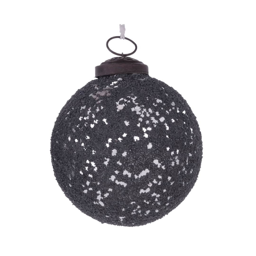 Mørk grå julekule med grov glittertekstur og metallfeste