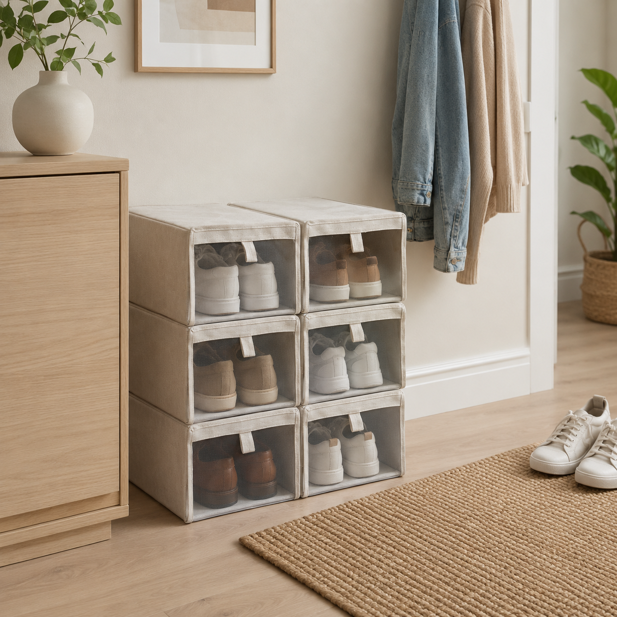 Stabelbare skobokser Dressy+ i beige, stablet i en lys nordisk entré med sko oppbevart bak transparente fronter