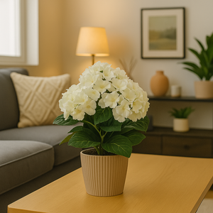 Mr. Plant Hortensia 30 cm i beige krukke på stuebord, omgitt av sofa, lamper og dekor i nordisk interiørstil.