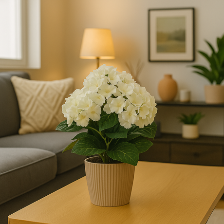 Mr. Plant Hortensia 30 cm i beige krukke på stuebord, omgitt av sofa, lamper og dekor i nordisk interiørstil.