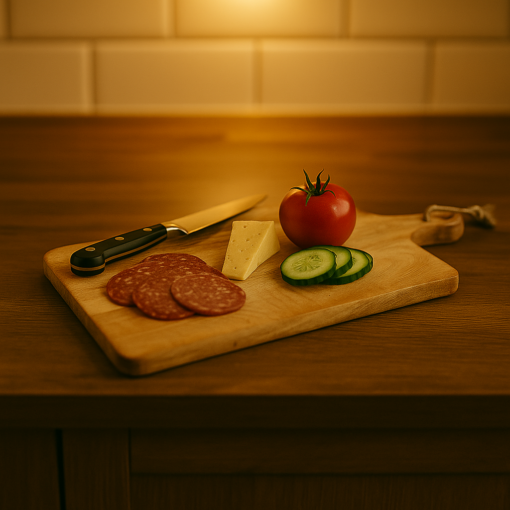 Skjærefjøl med ost, spekepølse, agurk, tomat og kniv på kjøkkenbenk i varm belysning.