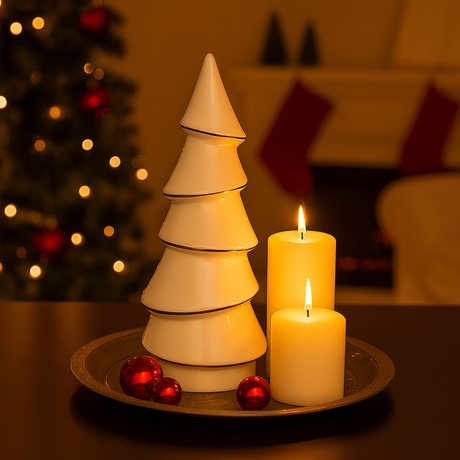 Kremfarget keramikkjuletre med gullkant på dekorfat med røde kuler og tente lys foran juletre og peis.