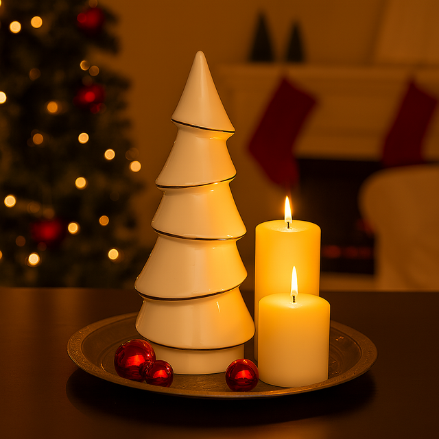 Kremfarget keramikkjuletre med gullkant på dekorfat med røde kuler og tente lys foran juletre og peis.