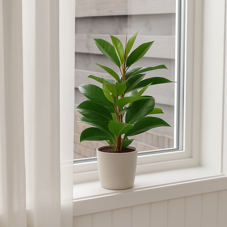 Grønn gummiplante i lys potte plassert i hvitmalt vinduskarm med hvite gardiner.