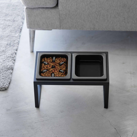 Keramiske hundeskåler i stativ som gir mer komfortabel spisestilling