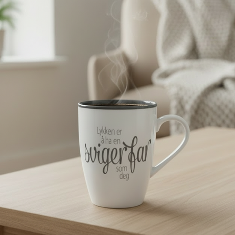 Hvit kopp med teksten "Lykken er å ha en svigerfar som deg" på trebord, med plante og pledd i bakgrunnen.