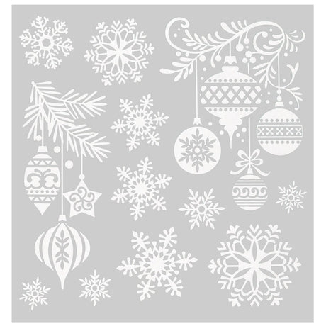 Julestickers med glitter 6 design 31,5 x 30,4 cm, ark med julekuler, grankvister og snøkrystaller