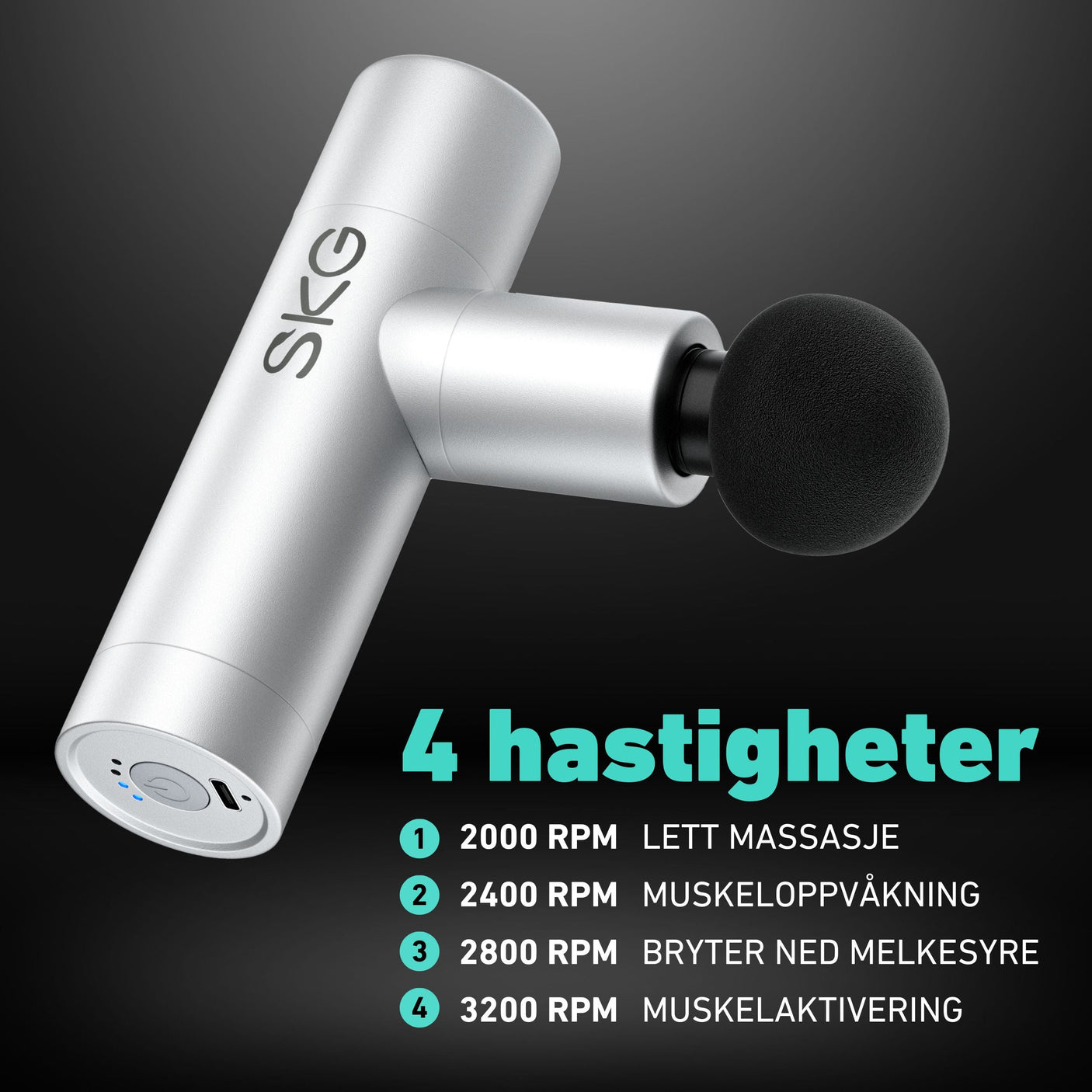 Massasjepistol med moderne design og kraftige vibrasjoner.