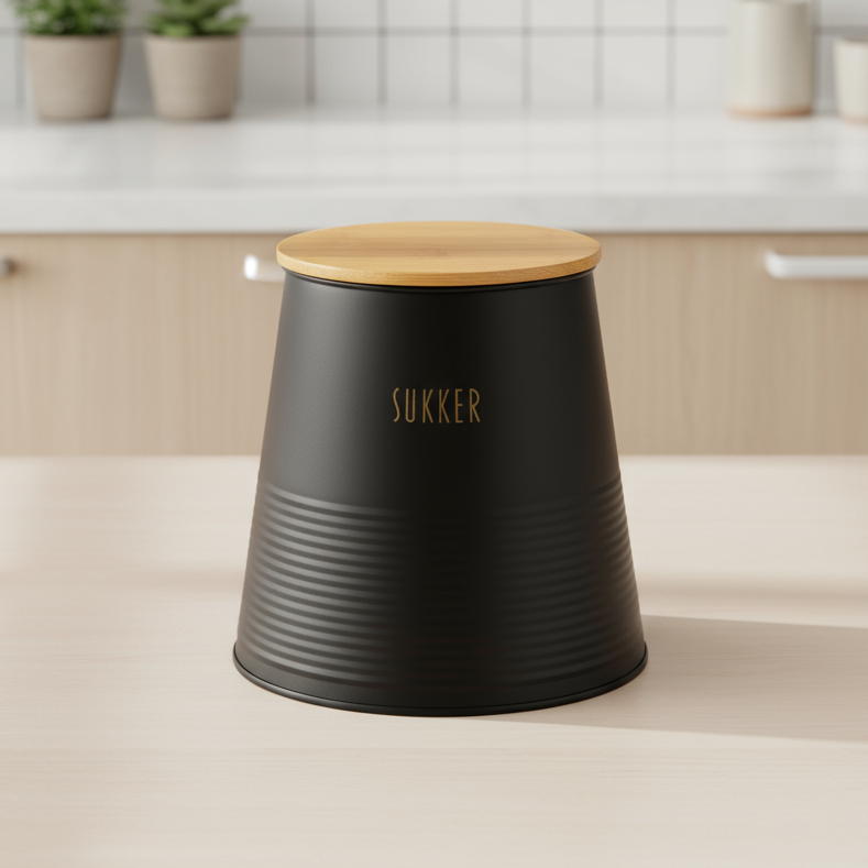 Oppbevaringsboks sukker i sort metall med bambuslokk 14 cm