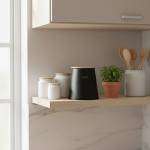 Kvadratisk produktfoto av sukkerboks med gullskrift SUKKER og åpent lokk på marmorinspirert benkeplate