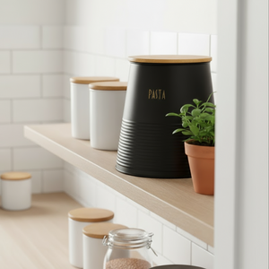 Kvadratisk bilde av kjøkkenboks for pasta i metall