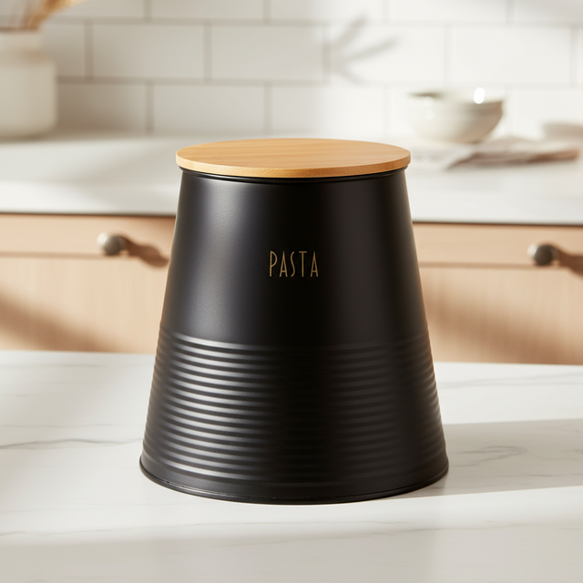 Kvadratisk bilde av sort pastaboks med bambuslokk