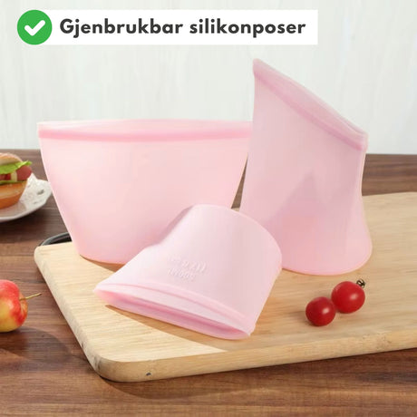 3-pk Gjenbrukbare oppbevaringsposer til mat