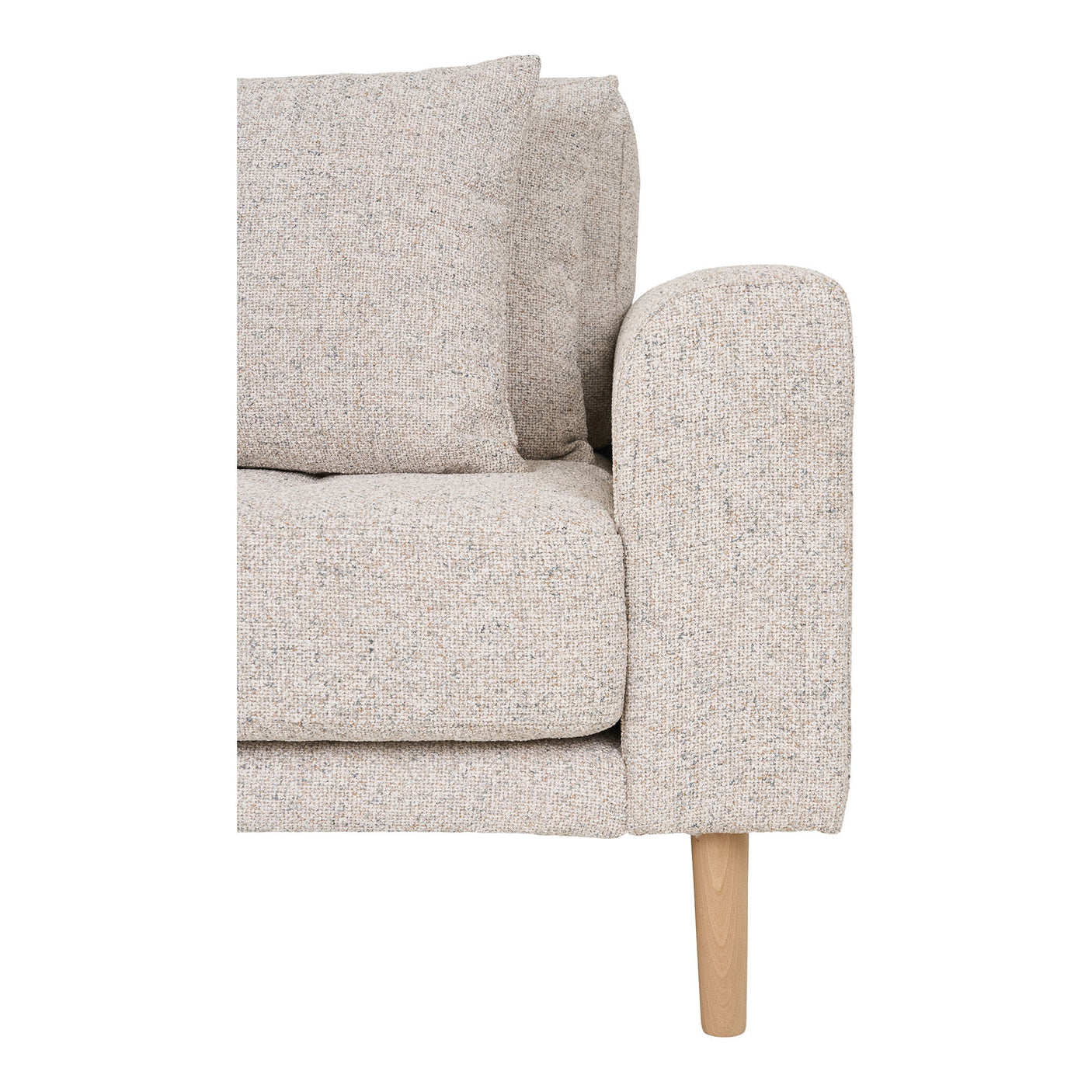 Moderne hjørnesofa i beige tekstil med treben.