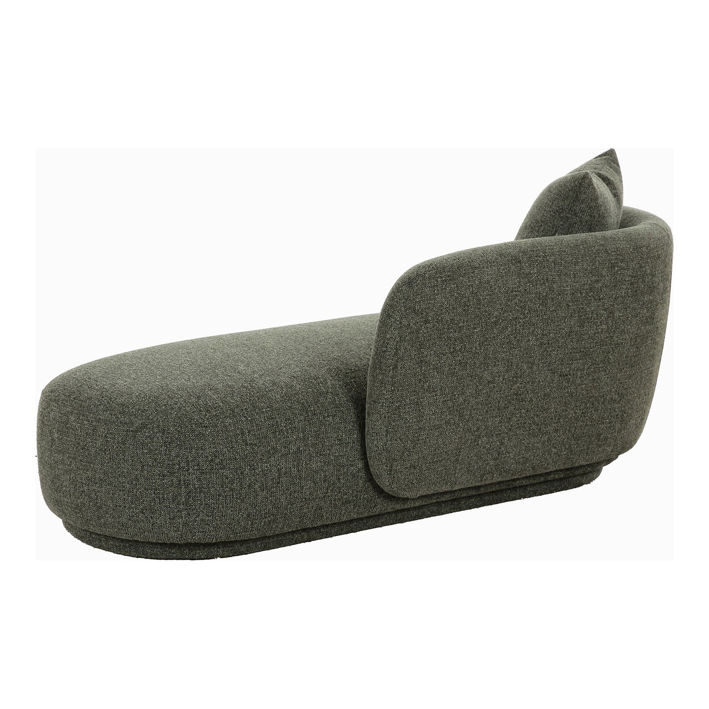 Daybed i grønn tekstil med avrundet form og komfortabel sitteflate.