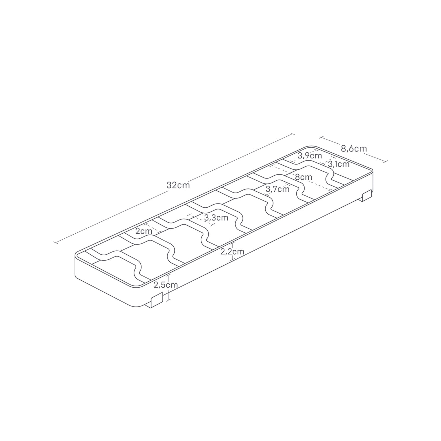 Organiseringsstativ i hvit plast for skåler, tekopper og små tallerkener.
